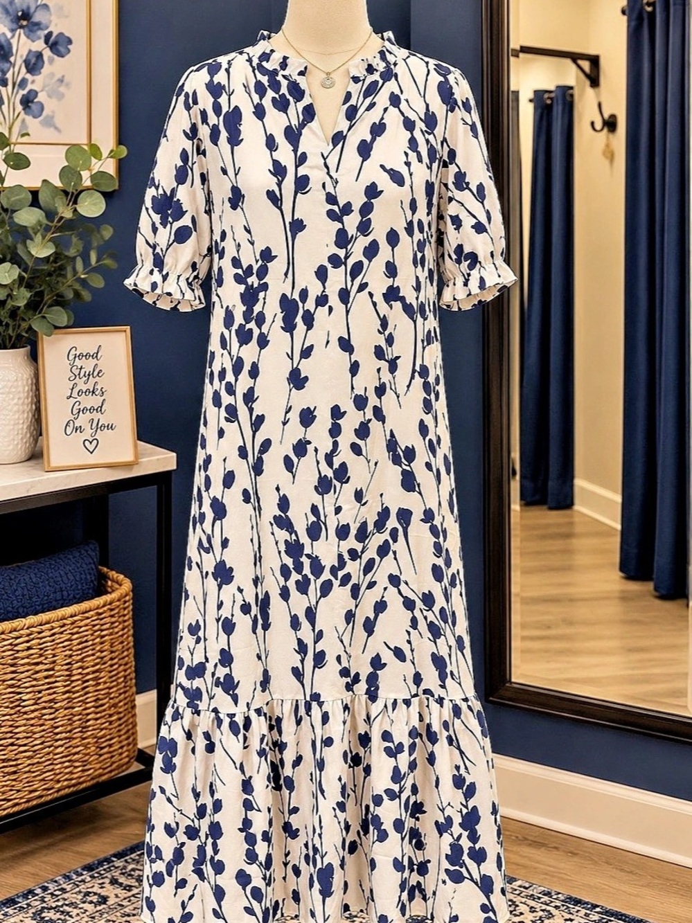 Floral Maxi Dress in White & Blue Like New